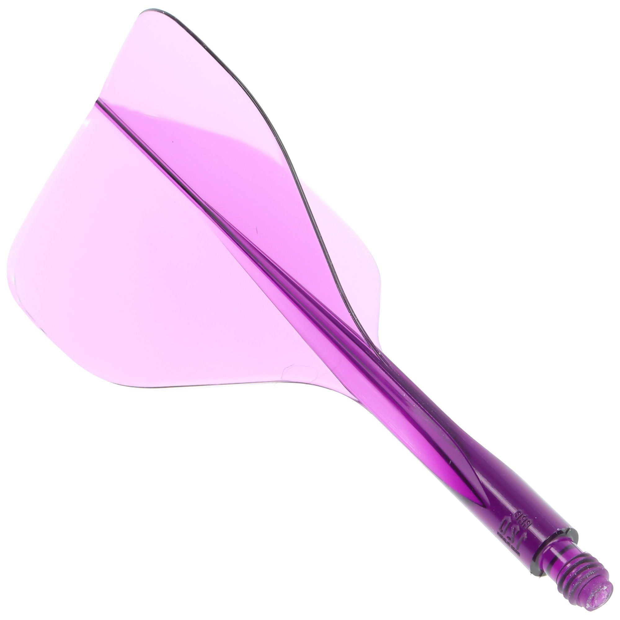 Das Bild zeigt ein durchsichtiges, lila Dart-Flight-System mit Standardform. Es handelt sich um das Produkt "Condor Axe 120 Flight-System Clear Purple".